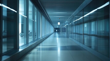 Fototapeta premium Empty modern architectural corridor with blue glowing light