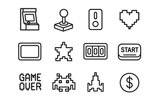 Retro Arcade Icon Set. Classic arcade gaming aesthetic. Line outline icon set of Classic arcade gaming