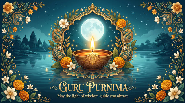 Guru Purnima spiritual greeting banner with illuminated oil lamp on water and floral frame for professional branding and commercial content use
