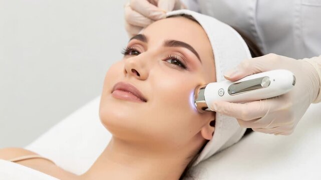 Young woman receiving relaxing facial treatment with modern skincare device in beauty clinic