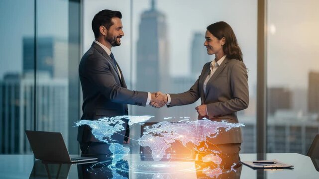Business people shaking hands in office with global network map and city skyline in background