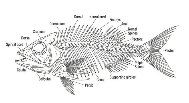 Detailed anatomical illustration of a fish skeleton with labels.