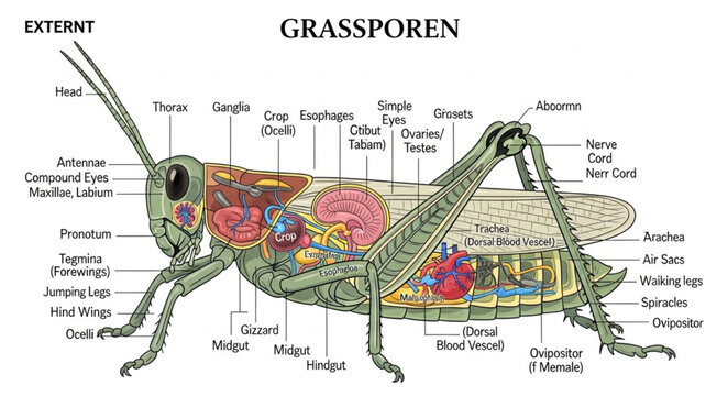 Detailed anatomical illustration of a grasshoppers internal structures.