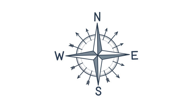 Vintage nautical wind rose compass dial illustration, hand drawn sketch style, flat vector icon isolated on a clean white background, maritime navigation symbol for maps and travel.