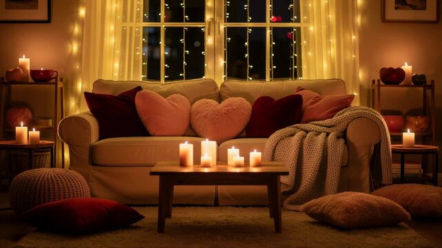 Cozy living room with warm candlelight, soft pillows, fairy lights, and comfortable sofa for relaxing evenings