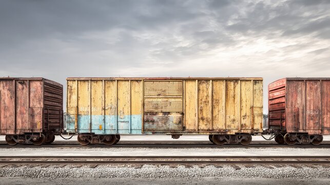 Rusty freight train cars on railway track