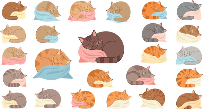 Cats sleeping on pillows comprise this collection of charming feline illustrations that are perfect for decorative stationery projects.