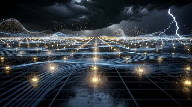 Futuristic digital landscape with glowing data points and network connections under stormy sky