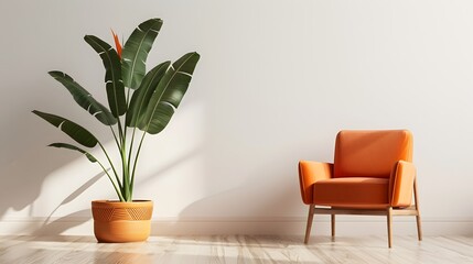 Obraz premium Modern home decor with orange chair and tropical bird of paradise plant