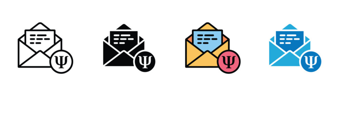 Psychology Icon with Envelope and Psi Symbol for Mental Health Communication, Therapy Messaging, and Counseling Services. Symbol Vector Illustration.