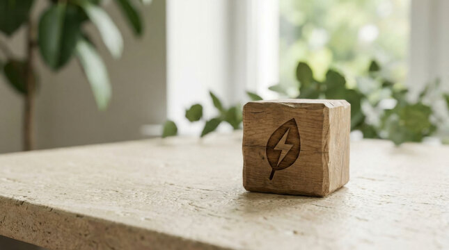 Close up wooden block with hopeful energy icon on light stone table. minimal eco technology concept with blurred greenery and soft natural light for background