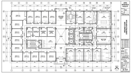 Architectural floor plan blueprint for a large building. © Ray