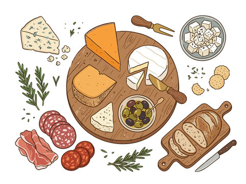 Hand drawn vector illustration of a gourmet charcuterie board featuring assorted cheeses, deli meats, olives, crackers, and crusty bread on white background for menu or catering design.