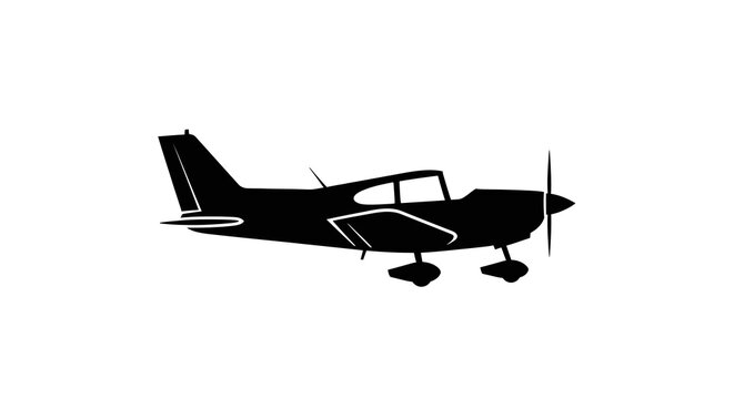 Minimalist black silhouette of a small propeller airplane icon isolated on white background. Clean vector flat design for private jet transport, travel flight symbol, and aviation silhouette.