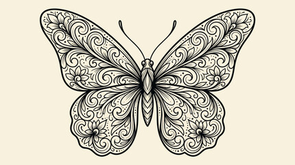 Fototapeta premium Stylish butterfly line drawing featuring detailed floral ornaments and decorative swirling wing patterns in a clean monochrome style. This artistic illustration combines botanical elegance and minimal