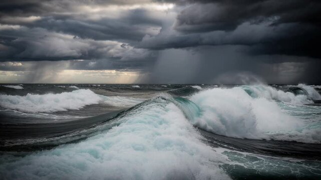 Stormy ocean waves crashing under dark cloudy sky with heavy rain in the distance