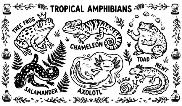 Amphibian animals black and white vector illustration tropical frog lizard set