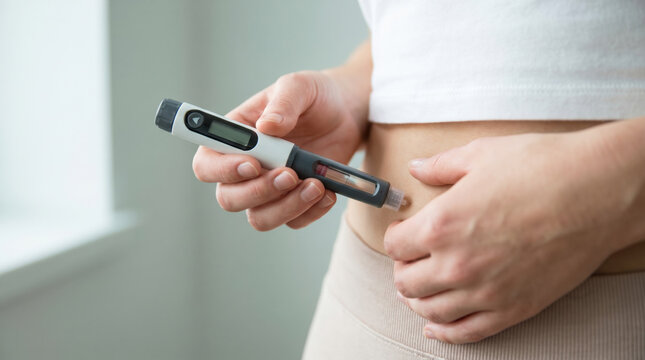 Focused medical close up showing insulin pen usage on belly for chronic disease management. This wellness concept shows person using modern device for their health