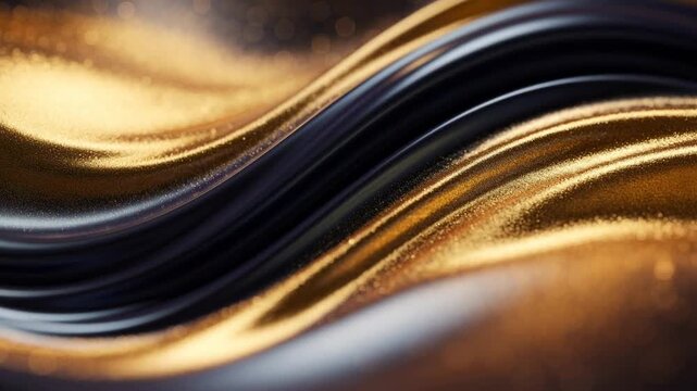 Abstract flowing golden and black liquid texture with sparkling glitter and smooth curves