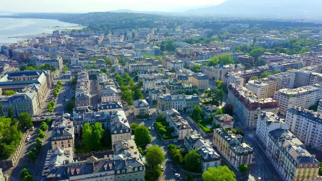 Geneva, Switzerland. Flight over the central part of the city. Lake Geneva. Drone footage