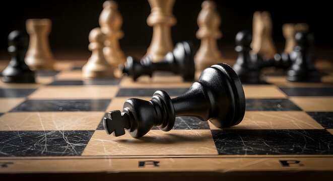 Fallen black king chess piece on wooden board