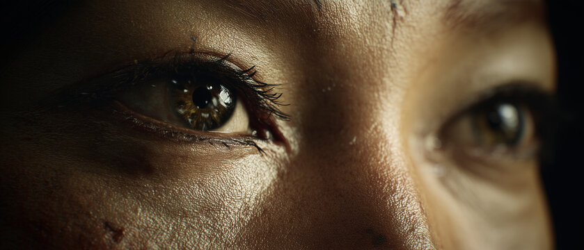 Intense extreme close-up of a human eye with a brown iris, showing detailed skin texture, sweat, and minor facial scars under cinematic lighting, conveying a sense of focus and determination