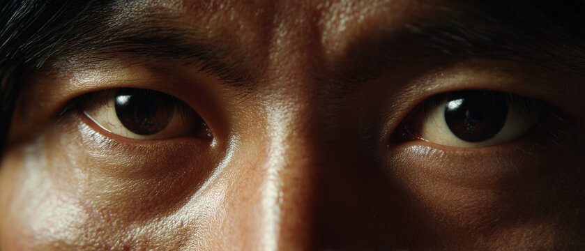 Extreme macro close-up of an Asian man's dark brown eyes with an intense and serious expression, highlighting detailed skin texture, pores, and fine lines in dramatic cinematic lighting