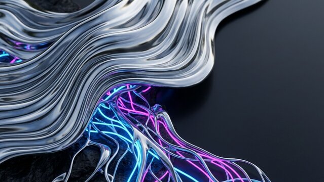 Abstract futuristic liquid chrome waves with glowing neon subsurface light, premium 3d render of molten silver metal texture, 4k