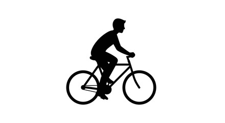 Fototapeta premium Silhouette of an active male cyclist riding a modern bicycle, side view profile of a man on a bike isolated on a plain white background, minimalist flat vector icon for transport and fitness.