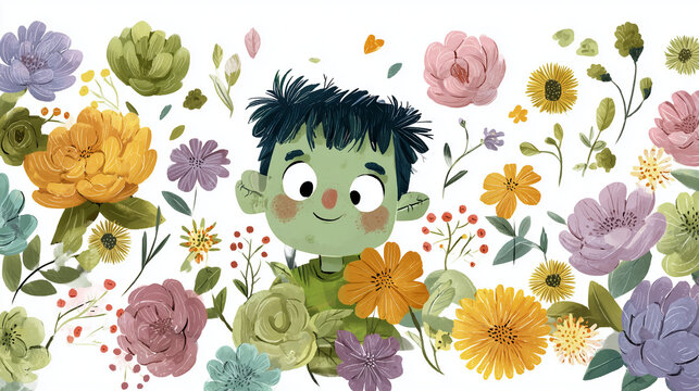 Cute little green monster boy with messy black hair smiling while surrounded by a variety of colorful hand-drawn watercolor flowers and botanical elements on a clean white background