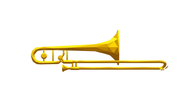 Vibrant geometric low poly trombone illustration as a flat vector icon isolated on white background showcasing musical brass instrument design for jazz and orchestra performance art.