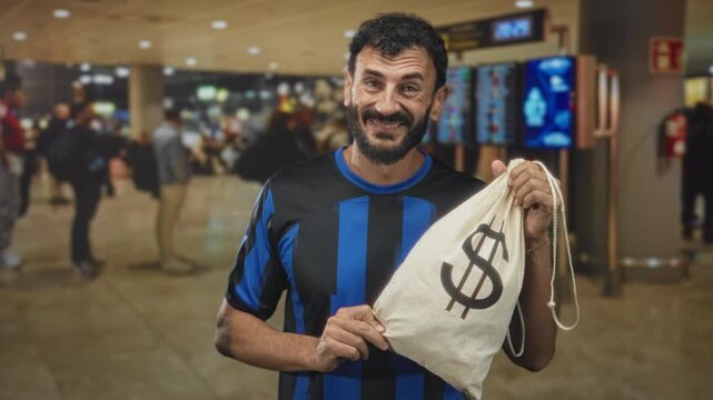 Man in soccer jersey holds canvas money bag with dollar sign by hand, smiling and squinting while gripping drawstring in airport concourse; mischief.