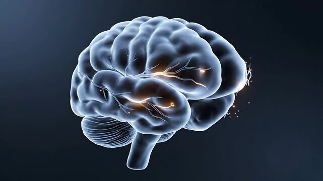 Detailed CGI Depiction of Basal Ganglia Cluster in the Human Brain Emphasizing Neural Connections and Activity Against a Dark Background