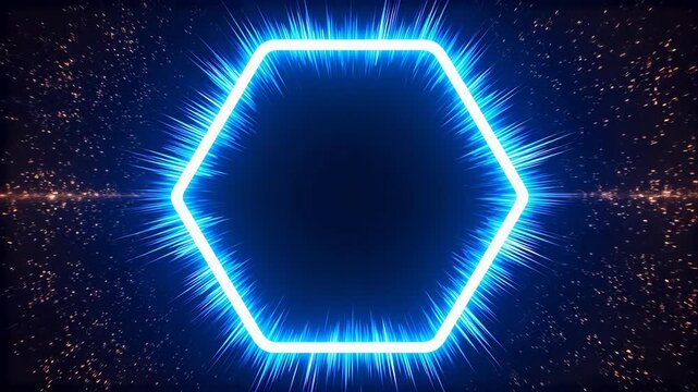 White hexagon shape with blue radiating light on dark background