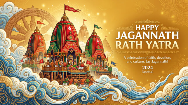 Grand Jagannath Rath Yatra festival illustration with sacred chariots for tourism branding marketing and cultural promotion