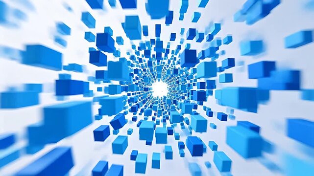 Blue cubes radiating from center in abstract 3D space
