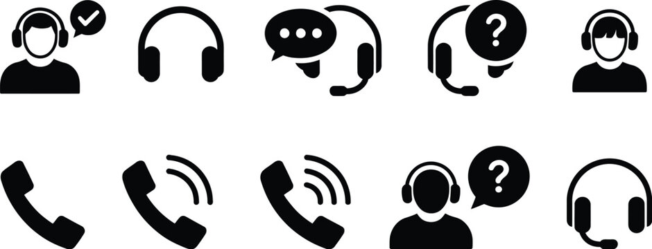 Customer support and communication icons collection isolated on white background featuring call center hotline headset and assistance symbols
