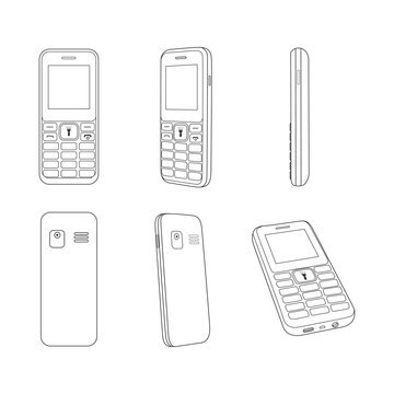 Set of six modern smartphone line art illustrations from various angles. Minimalist vector outlines of mobile phones, perfect for UI/UX design, technical icons, and app mockups. Button phone.