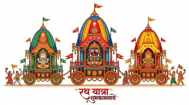Traditional Rath Yatra chariot illustration with joyful festival procession for cultural branding marketing and festive promotion