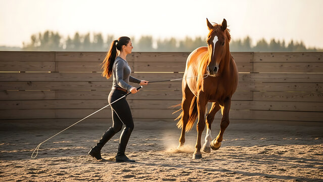 Female equestrian practicing natural horsemanship and groundwork communication with a chestnut stallion inside a circular sandy corral during an outdoor equine training session at a farm.