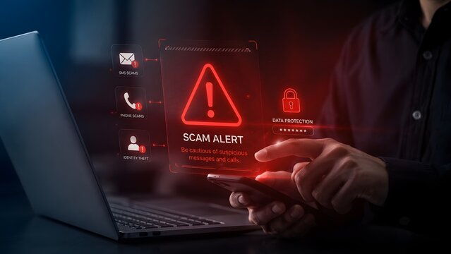 Digital scam alert and data protection concept. User holding smartphone with glowing red holographic interface warning about SMS, phone, and identity theft risks.