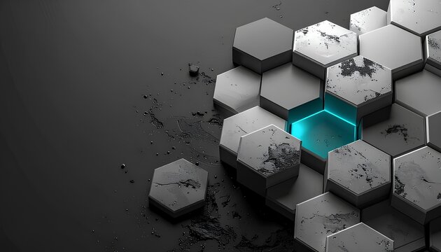 青く光るコアを持つモノクロの六角形構造体 / Cluster of monochrome white hexagonal cells with a glowing blue core (Generative AI)