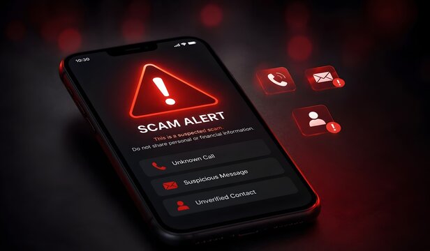 Suspected scam alert on mobile device. Smartphone screen displaying glowing red warning sign and icons for suspicious calls, messages, and unverified contacts.