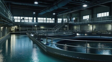 Fototapeta premium Water treatment plant purifying liquid inside industrial facility