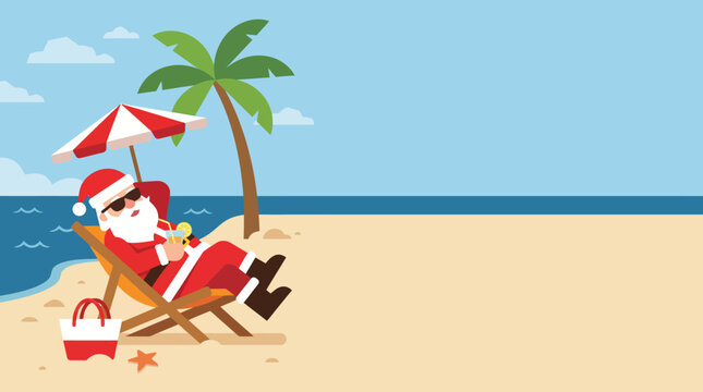 Santa Claus Relaxing on Tropical Beach during Summer Vacation