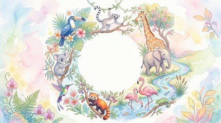 Naklejka premium Watercolor illustration of various animals in a lush, pastel jungle around a blank space, daytime