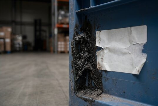 Logistics crate corner with caked-on mechanical grease and a torn label