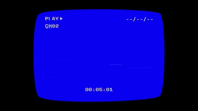Classic VHS tape playing blue screen overlay with static distortion, timecode display, and vintage analog playback effects 4K video resolution.