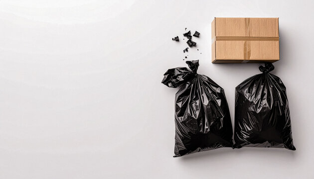 Black garbage bags and cardboard box minimal waste concept