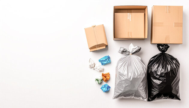 Household waste sorting with plastic and garbage bags minimal concept